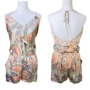 Poleci Satin Multi Color Paisley Print Ruffle Accent Open Back Halter Tie Romper